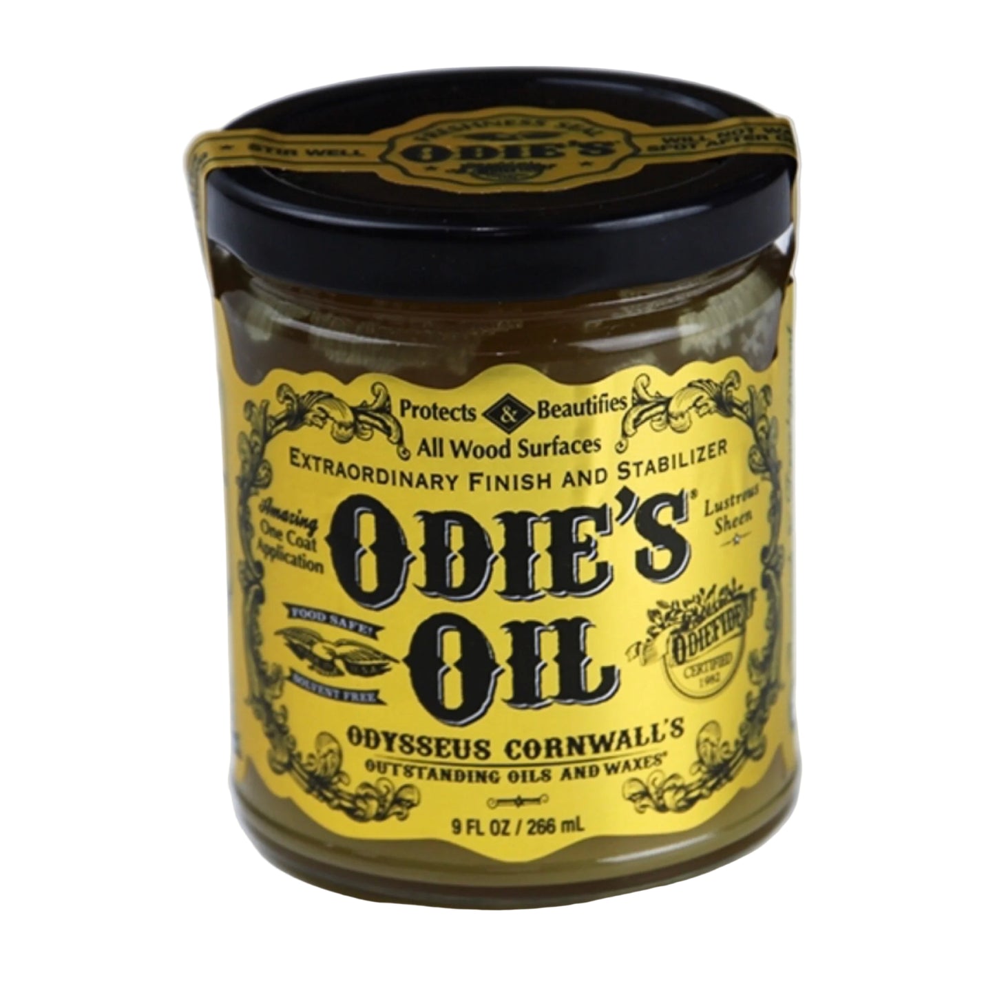 Jar of Odie's Oil with a yellow label on a white background