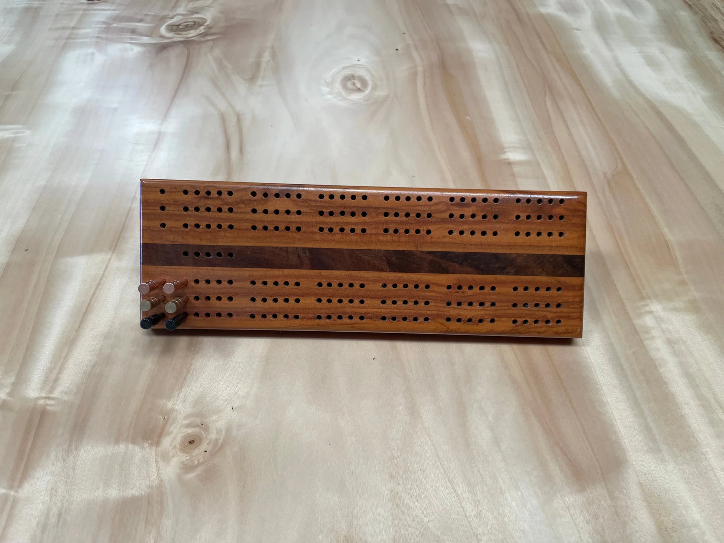 Peroba Rosa and Walnut Cribbage Board