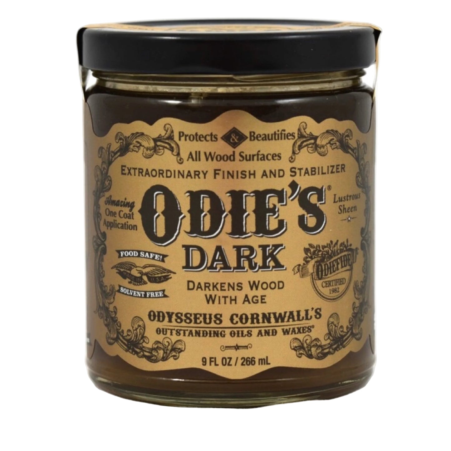 Jar of Odie's Dark wood finish and stabilizer with decorative label on a white background