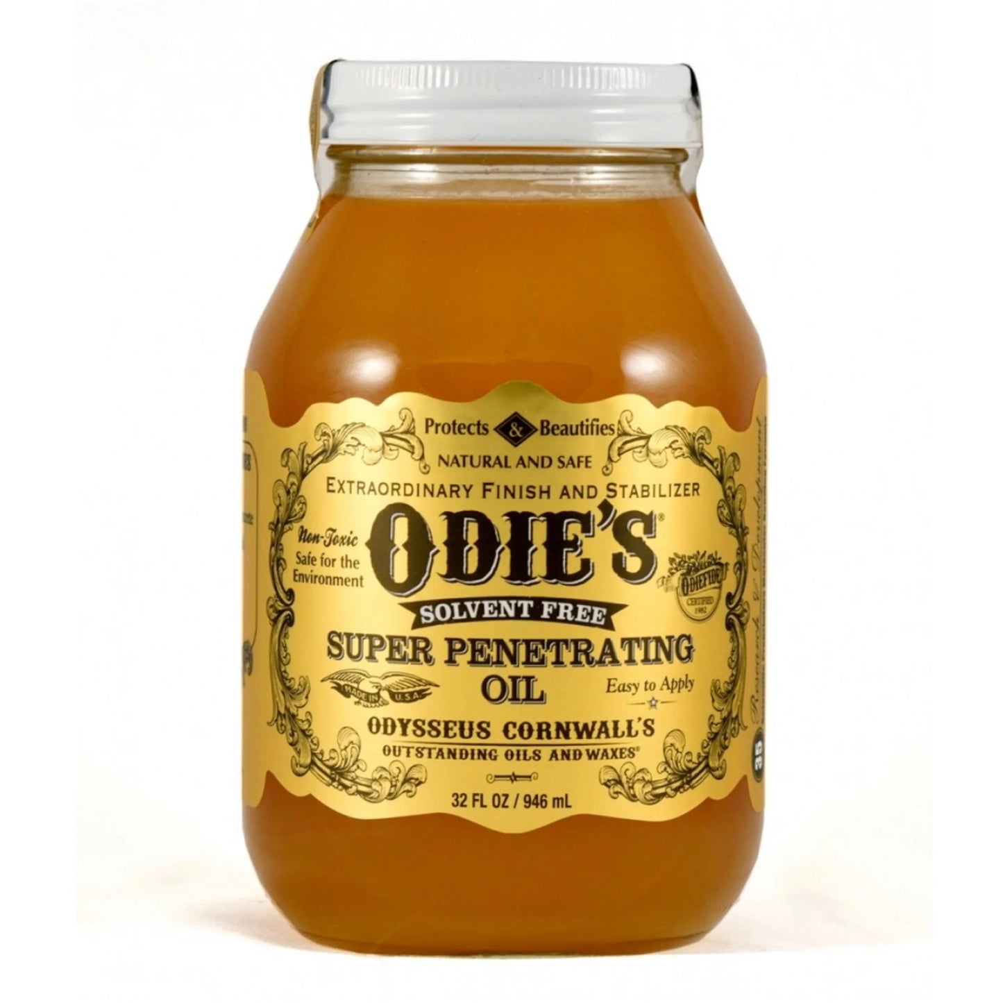 Jar of Odie's Super Penetrating Oil with a gold label on a white background